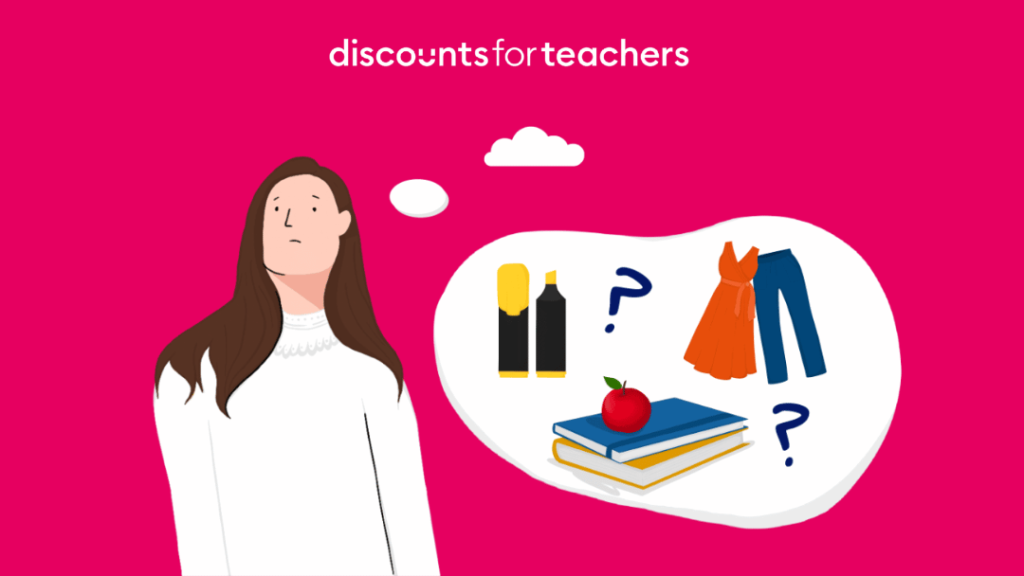 Illustration of a teacher thinking about purchases in though bubble