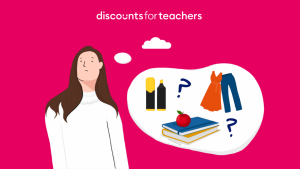 Illustration of a teacher thinking about purchases in though bubble