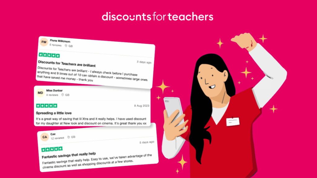 Illustration of women cheering, alongside TrustPilot member reviews