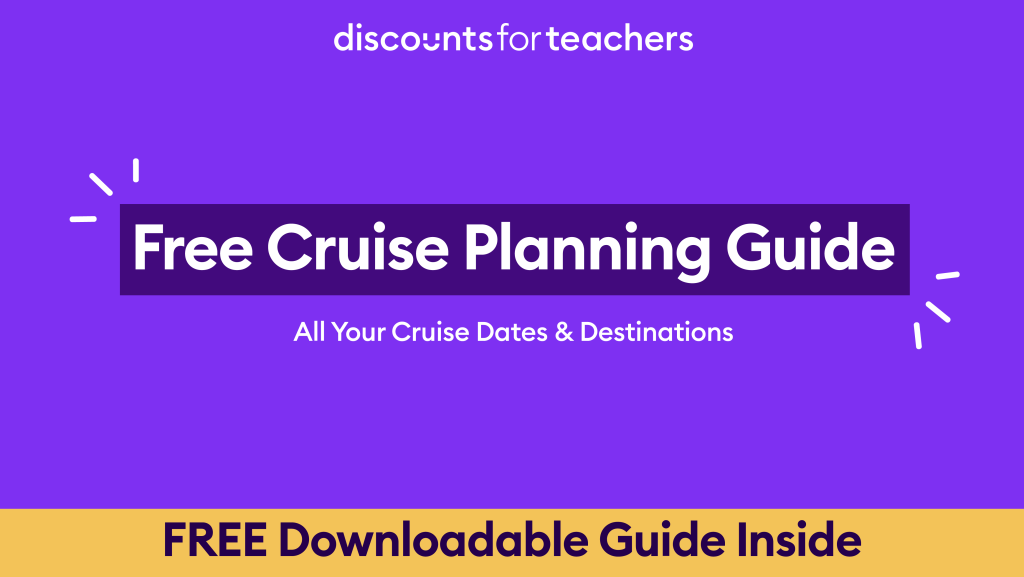 Royal Caribbean cruise ship at sea with a free downloadable cruise guide for teachers offering exclusive discounts